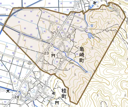 亀崎町とその周辺の地図。町の範囲を重ねている