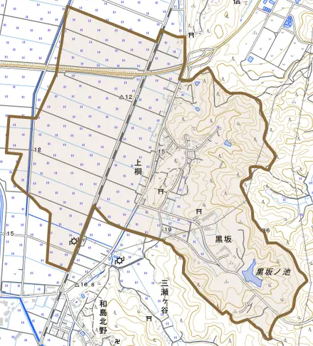上桐とその周辺の地図。町の範囲を重ねている
