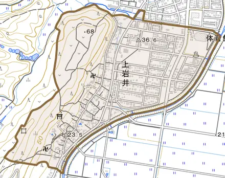 上岩井とその周辺の地図。町の範囲を重ねている