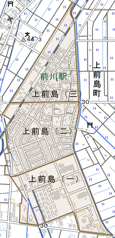上前島とその周辺の地図。町の範囲を重ねている