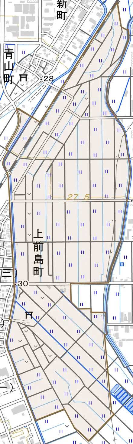 上前島町とその周辺の地図。町の範囲を重ねている