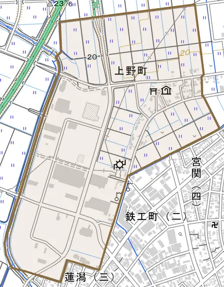 上野町とその周辺の地図。町の範囲を重ねている
