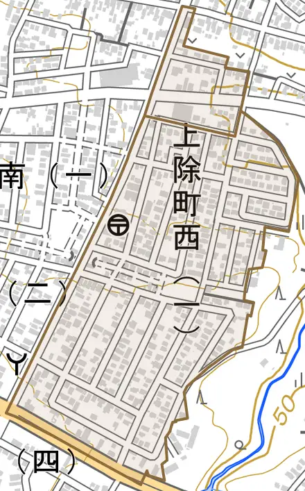 上除町西とその周辺の地図。町の範囲を重ねている