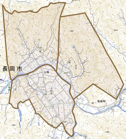 上塩とその周辺の地図。町の範囲を重ねている
