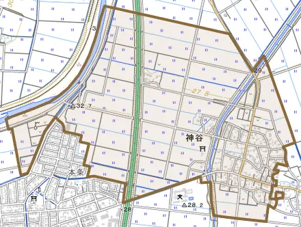 神谷とその周辺の地図。町の範囲を重ねている