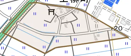 上柳町とその周辺の地図。町の範囲を重ねている