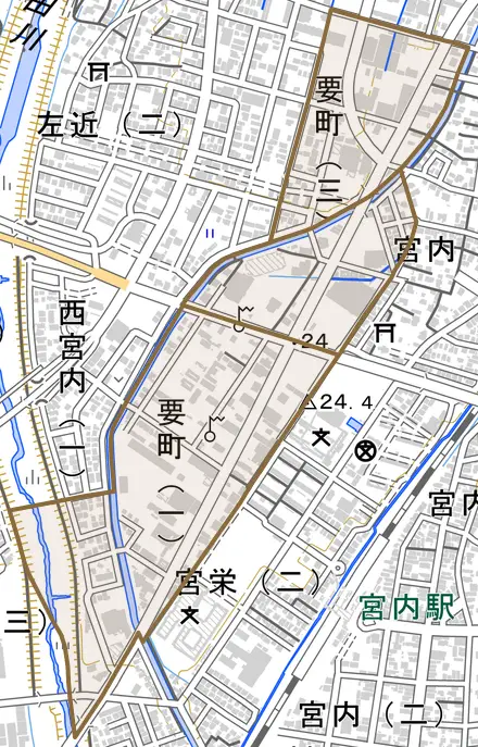 要町とその周辺の地図。町の範囲を重ねている
