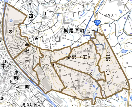 金沢とその周辺の地図。町の範囲を重ねている