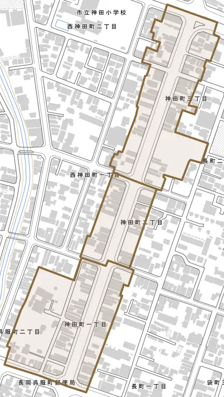 神田町とその周辺の地図。町の範囲を重ねている