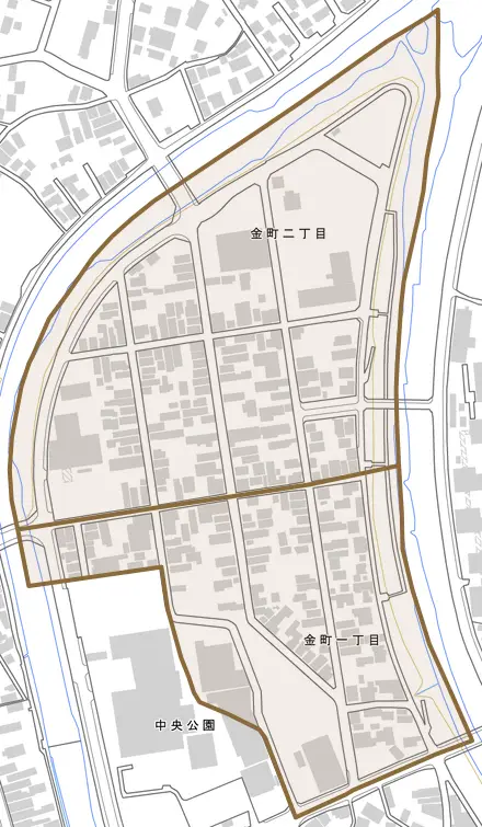 金町とその周辺の地図。町の範囲を重ねている