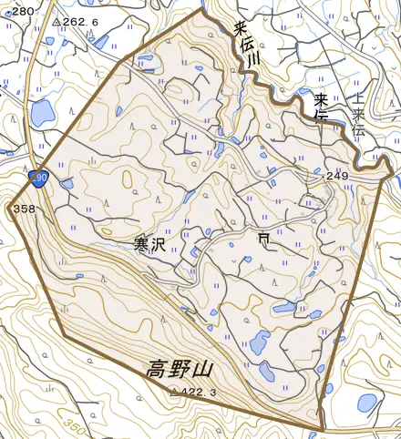 寒沢とその周辺の地図。町の範囲を重ねている