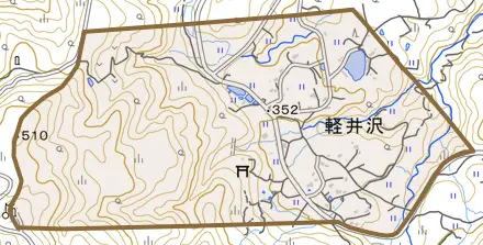 軽井沢とその周辺の地図。町の範囲を重ねている