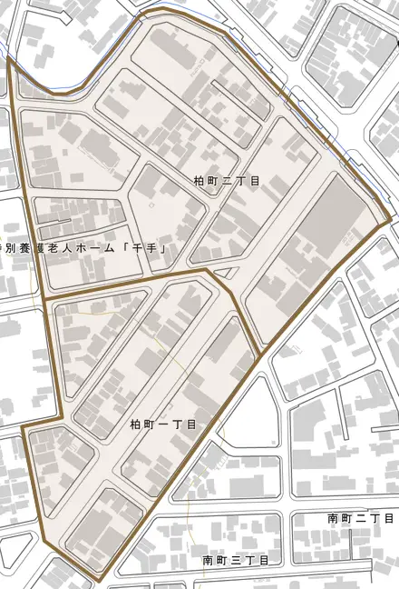 柏町とその周辺の地図。町の範囲を重ねている