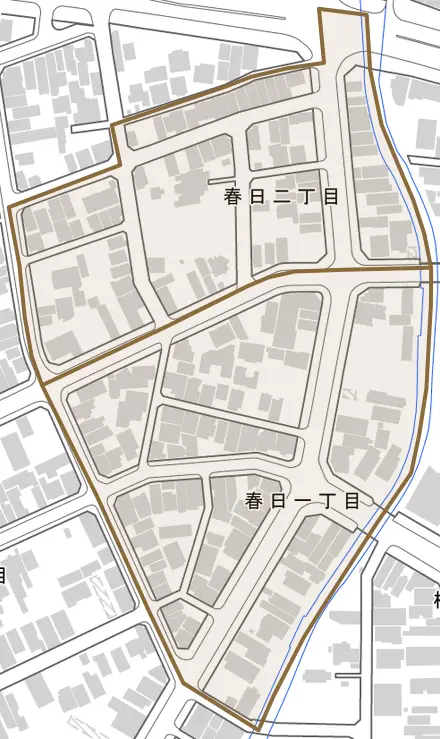 春日とその周辺の地図。町の範囲を重ねている