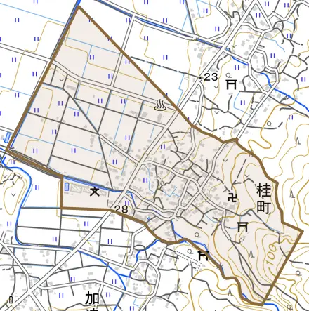 桂町とその周辺の地図。町の範囲を重ねている