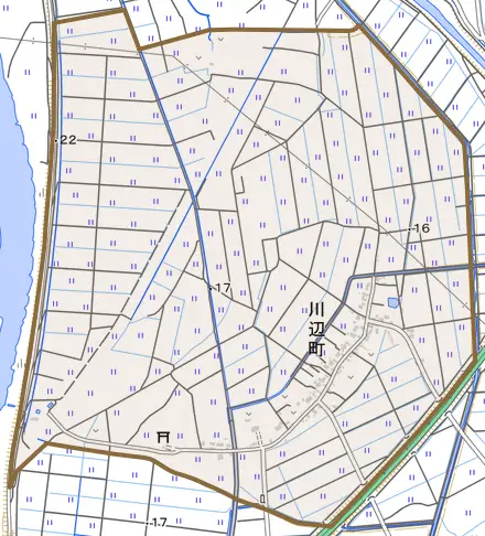 川辺町とその周辺の地図。町の範囲を重ねている
