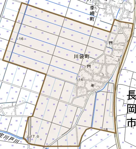 川袋町とその周辺の地図。町の範囲を重ねている