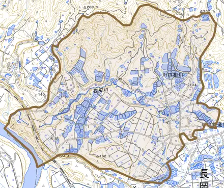 川口相川とその周辺の地図。町の範囲を重ねている