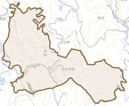 川口木沢とその周辺の地図。町の範囲を重ねている
