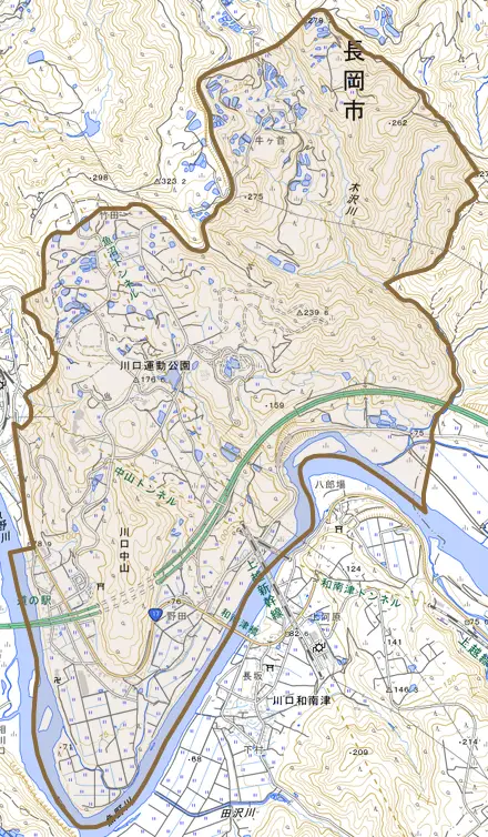 川口中山とその周辺の地図。町の範囲を重ねている