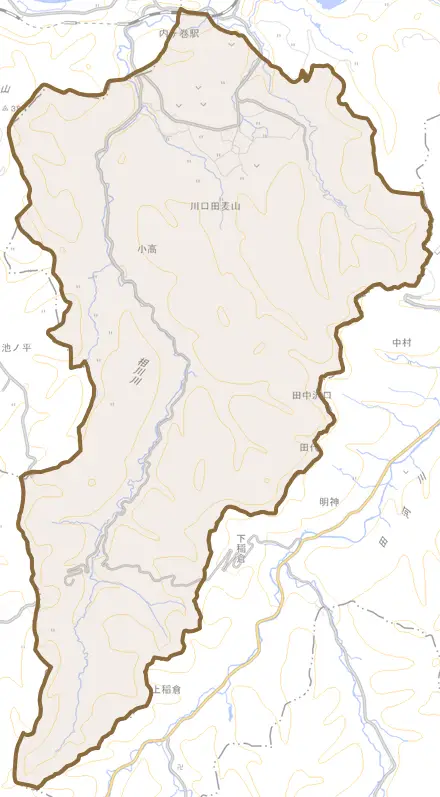 川口田麦山とその周辺の地図。町の範囲を重ねている