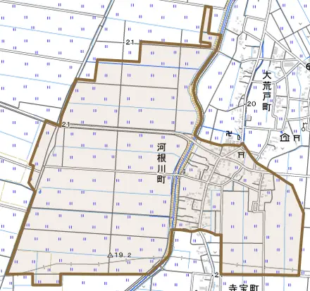 河根川町とその周辺の地図。町の範囲を重ねている