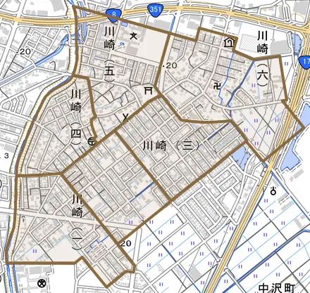 川崎とその周辺の地図。町の範囲を重ねている