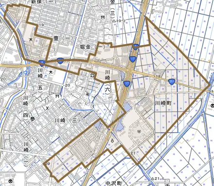 川崎町とその周辺の地図。町の範囲を重ねている