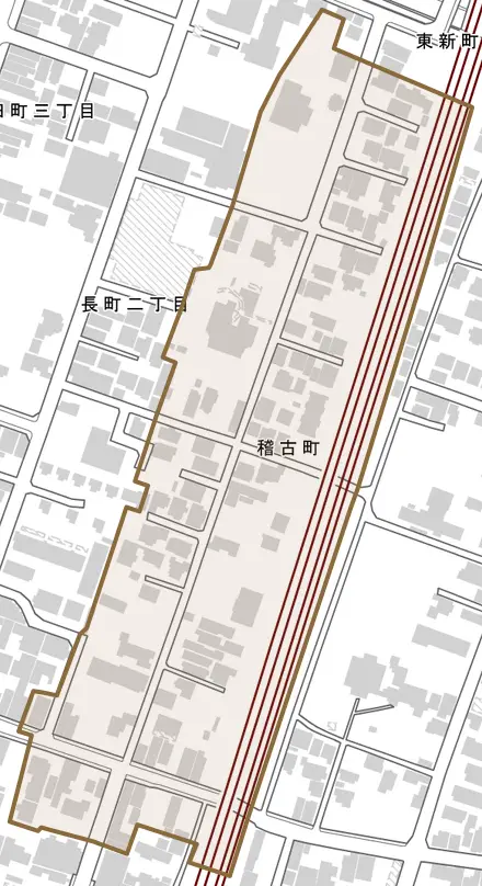 稽古町とその周辺の地図。町の範囲を重ねている