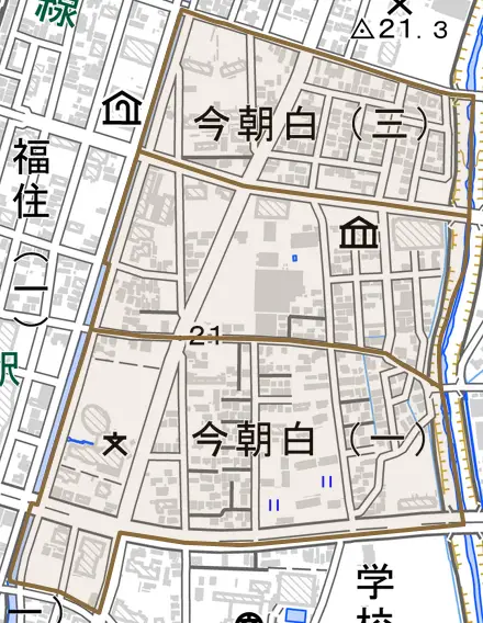今朝白とその周辺の地図。町の範囲を重ねている
