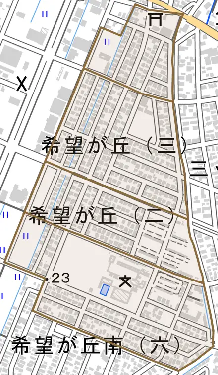 希望が丘とその周辺の地図。町の範囲を重ねている