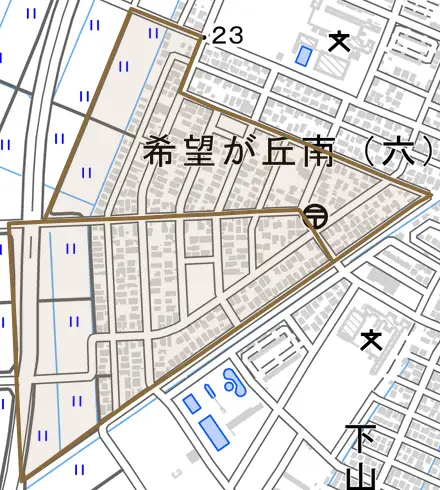 希望が丘南とその周辺の地図。町の範囲を重ねている