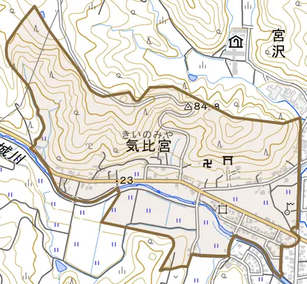 気比宮とその周辺の地図。町の範囲を重ねている