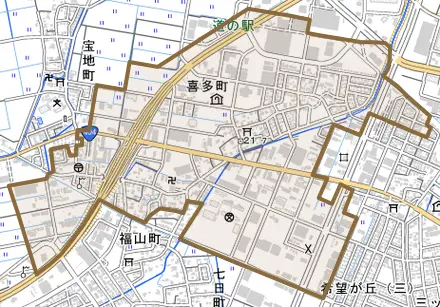 喜多町とその周辺の地図。町の範囲を重ねている