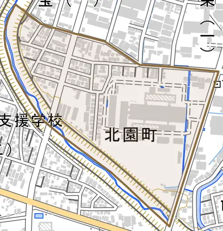 北園町とその周辺の地図。町の範囲を重ねている