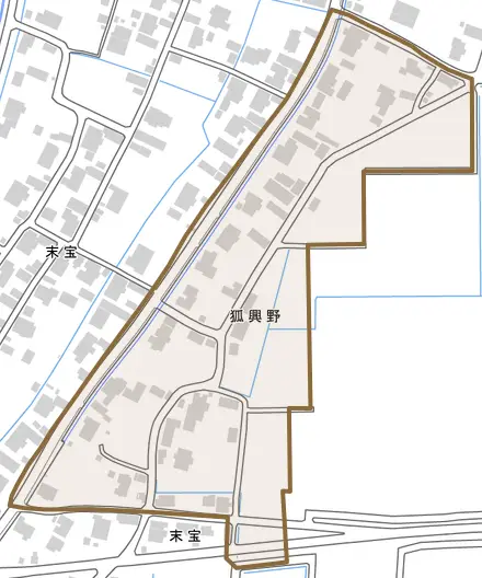 狐興野とその周辺の地図。町の範囲を重ねている