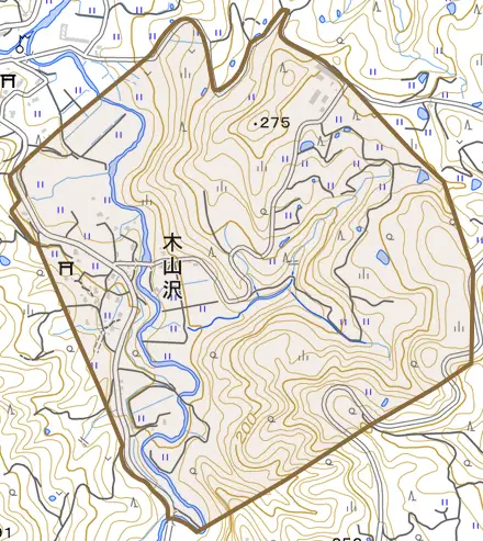 木山沢とその周辺の地図。町の範囲を重ねている