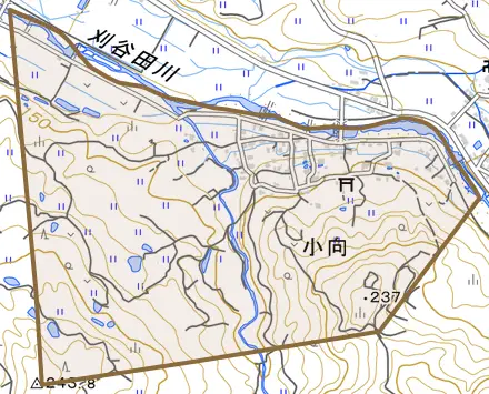 小向とその周辺の地図。町の範囲を重ねている