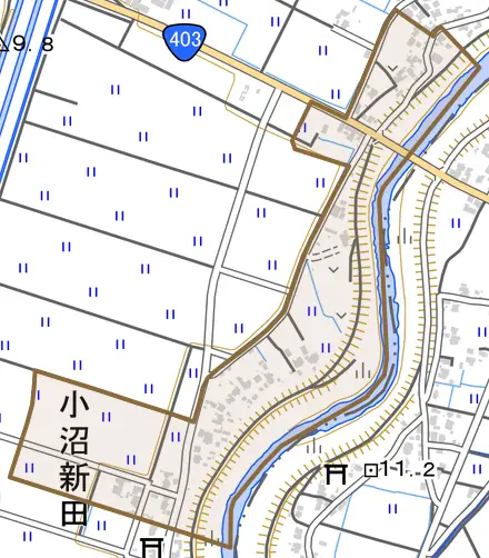 小沼新田とその周辺の地図。町の範囲を重ねている