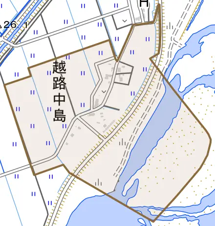 越路中島とその周辺の地図。町の範囲を重ねている