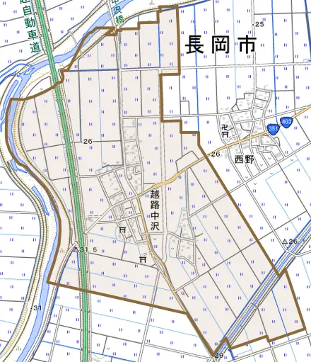 越路中沢とその周辺の地図。町の範囲を重ねている