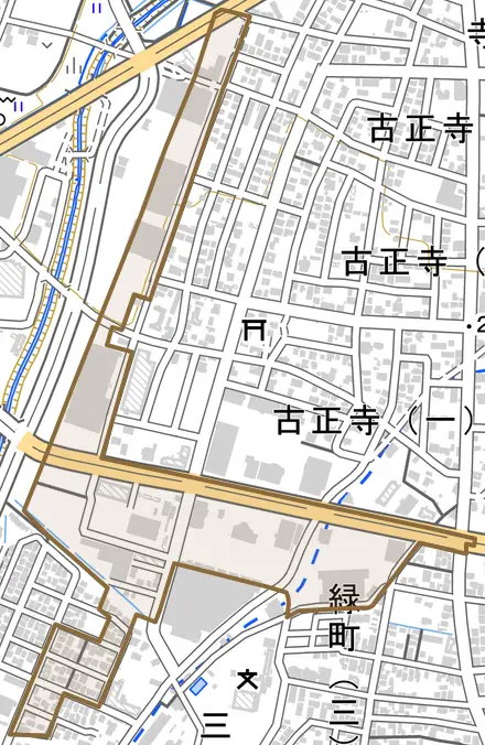 古正寺町とその周辺の地図。町の範囲を重ねている