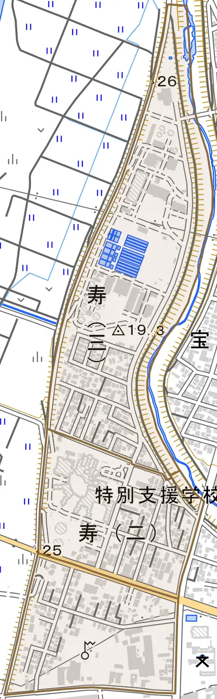 寿とその周辺の地図。町の範囲を重ねている