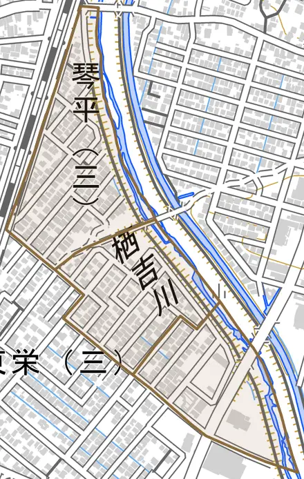琴平とその周辺の地図。町の範囲を重ねている