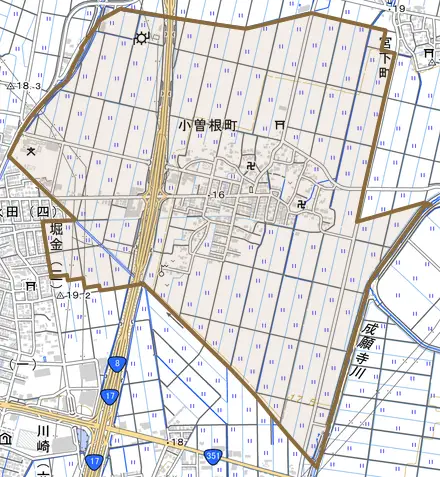 小曽根町とその周辺の地図。町の範囲を重ねている
