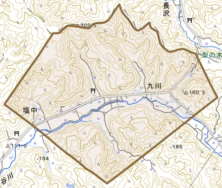 九川とその周辺の地図。町の範囲を重ねている