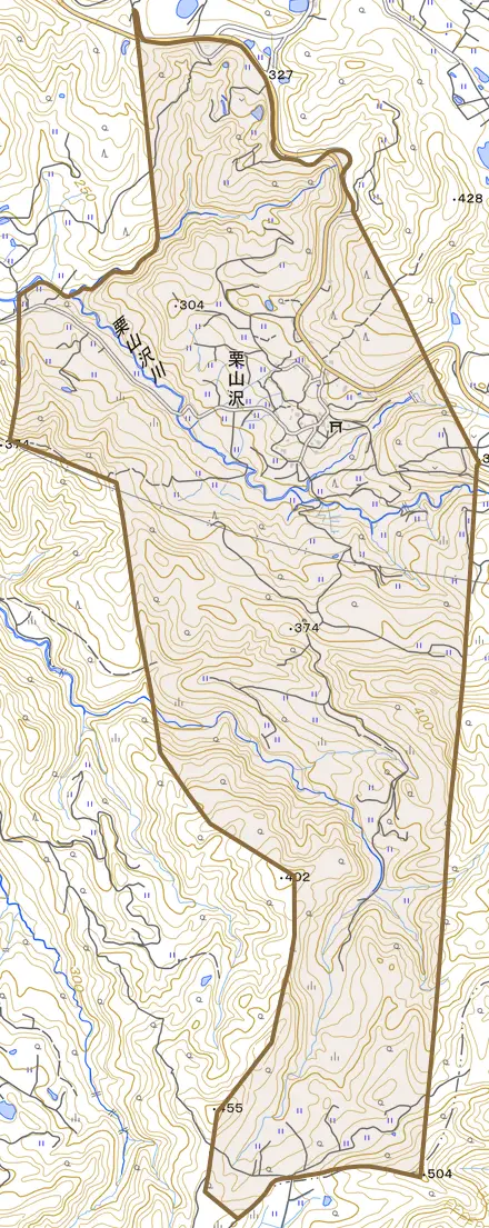 栗山沢とその周辺の地図。町の範囲を重ねている