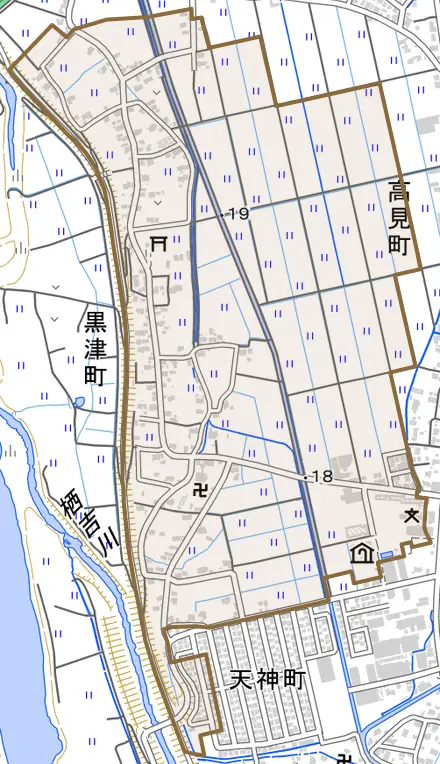 黒津町とその周辺の地図。町の範囲を重ねている