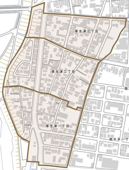 草生津とその周辺の地図。町の範囲を重ねている