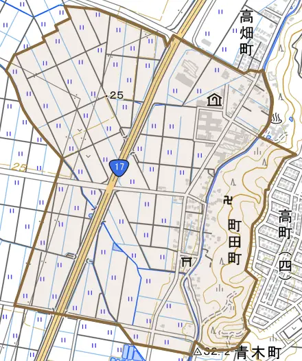 町田町とその周辺の地図。町の範囲を重ねている